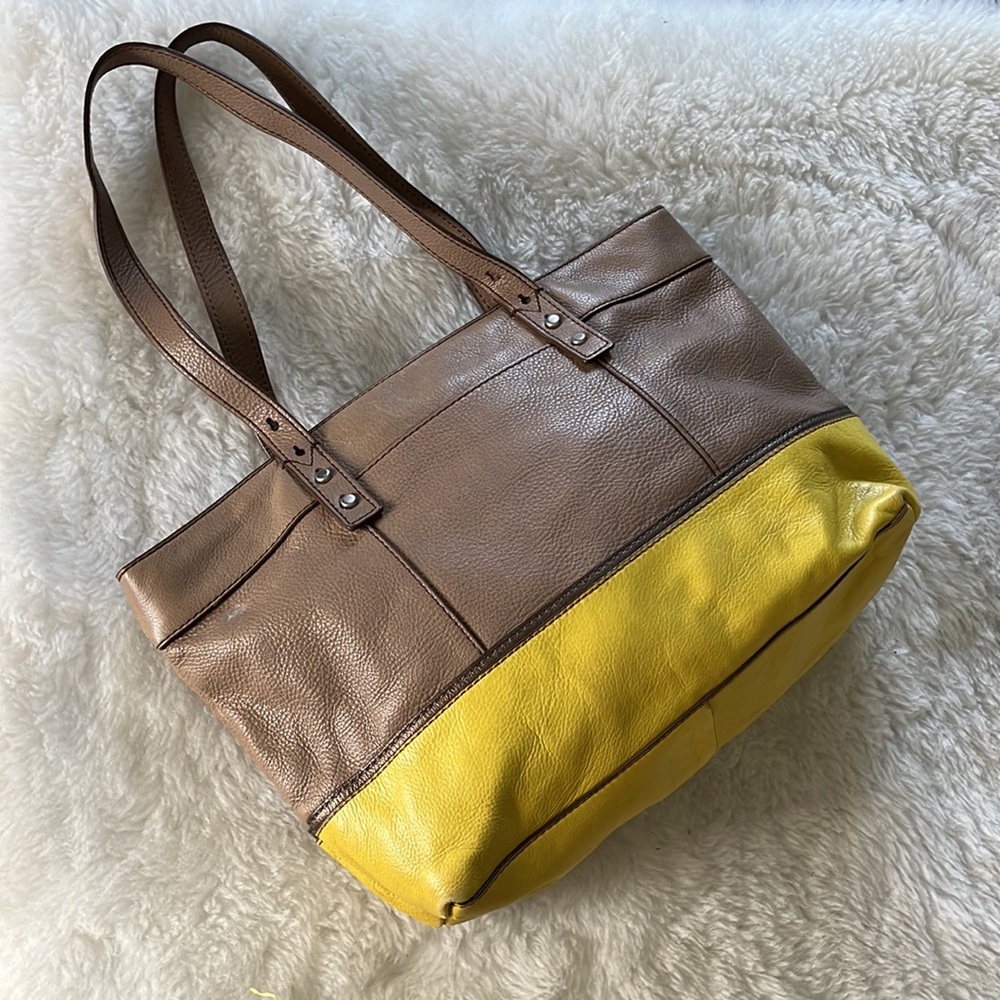 Fossil Color Block Light Tan W/Yellow Cow Hide To… - image 2